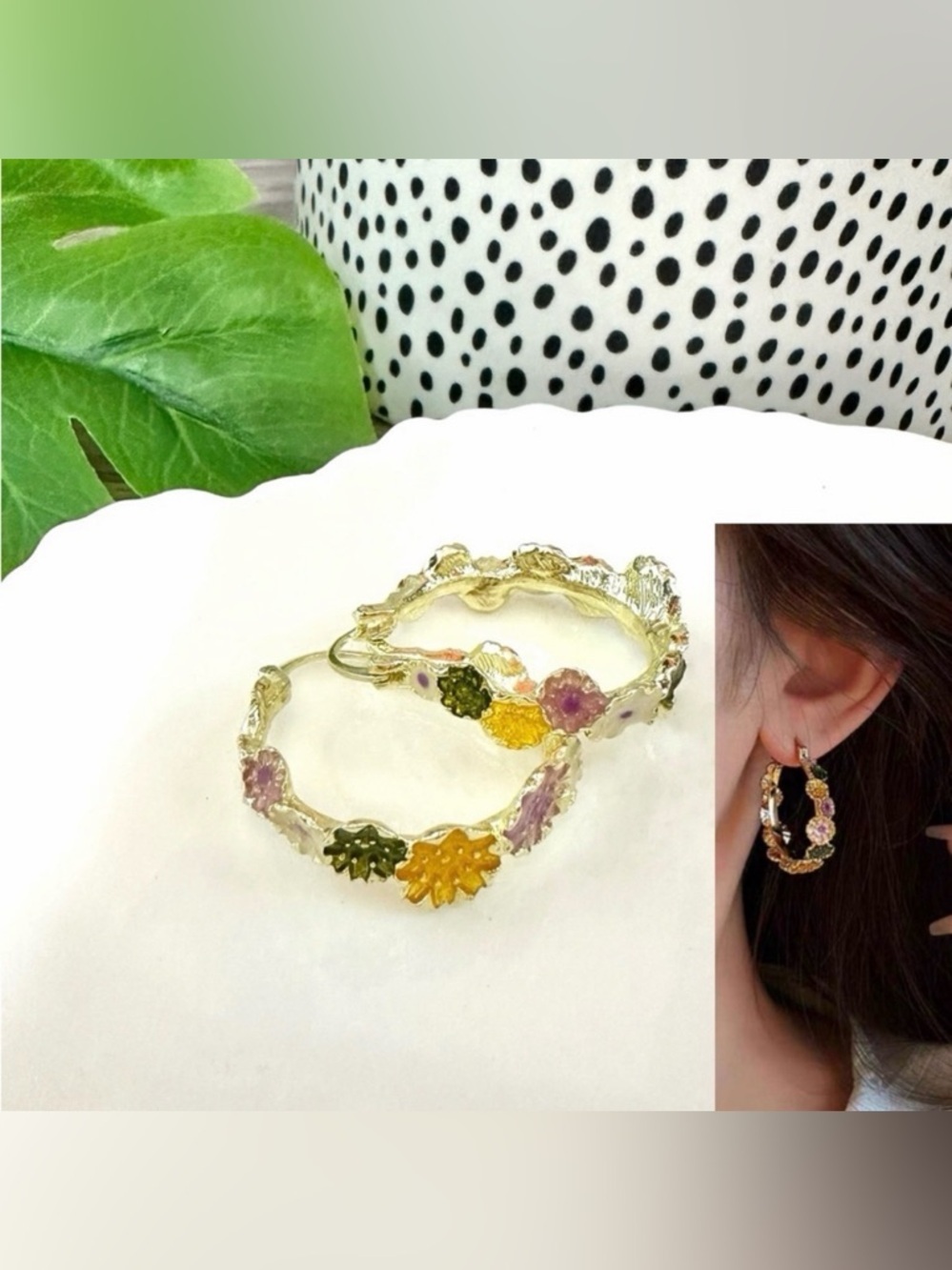2/$30🌵 Colorful Flower Gold Hoop Earrings Dainty Cottage Jewelry Gift NEW